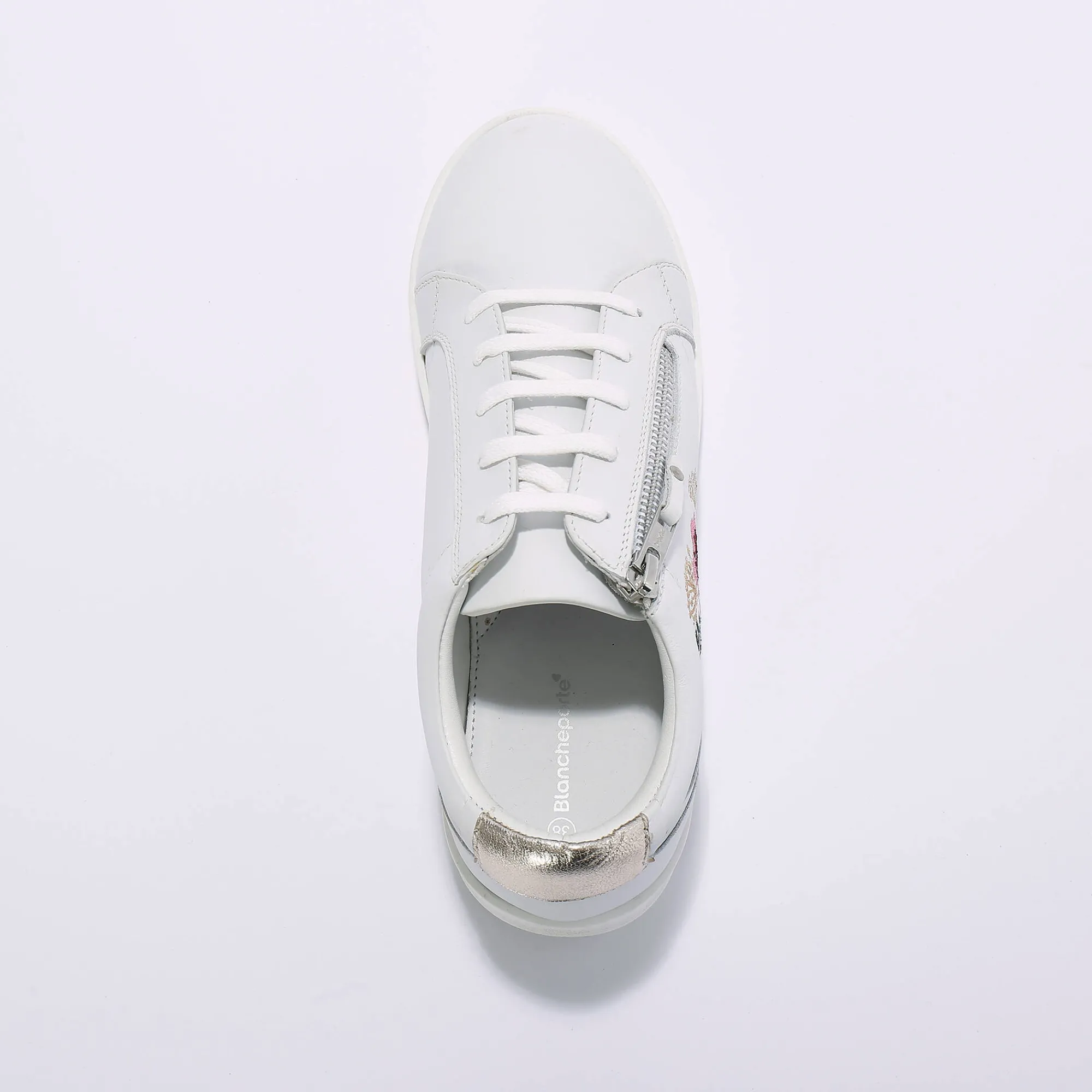 Baskets En Sneakers|Schoenen<Blancheporte Leren sneakers met rits en bloemenborduursel wit
