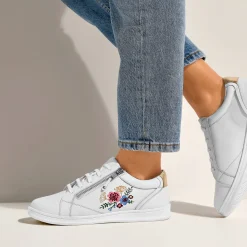 Baskets En Sneakers|Schoenen<Blancheporte Leren sneakers met rits en bloemenborduursel wit