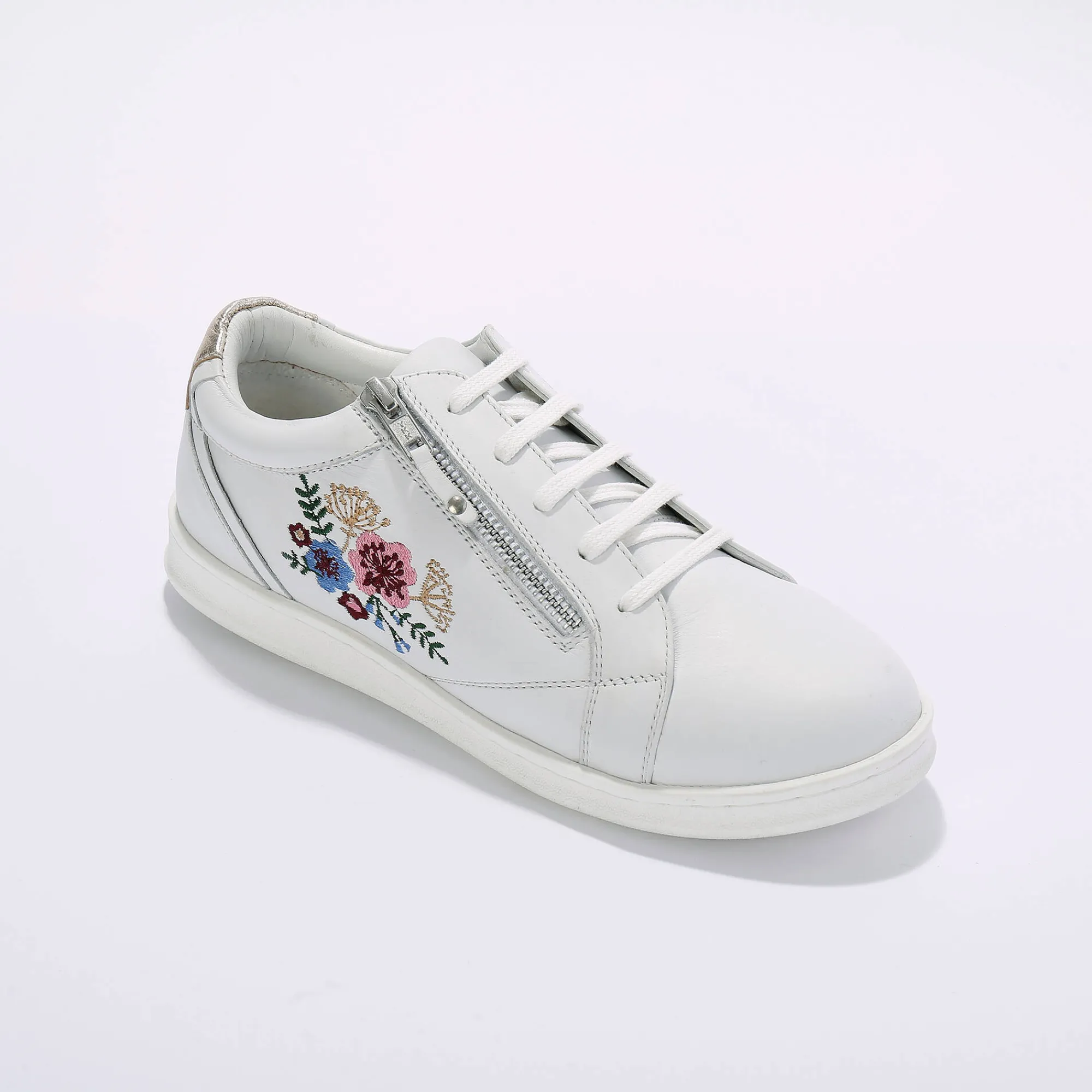 Baskets En Sneakers|Schoenen<Blancheporte Leren sneakers met rits en bloemenborduursel wit