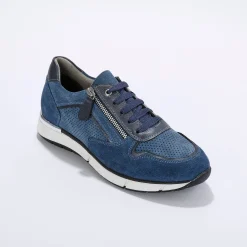 Baskets En Sneakers|Schoenen<Blancheporte Leren sneakers met rits en veters jeansblauw