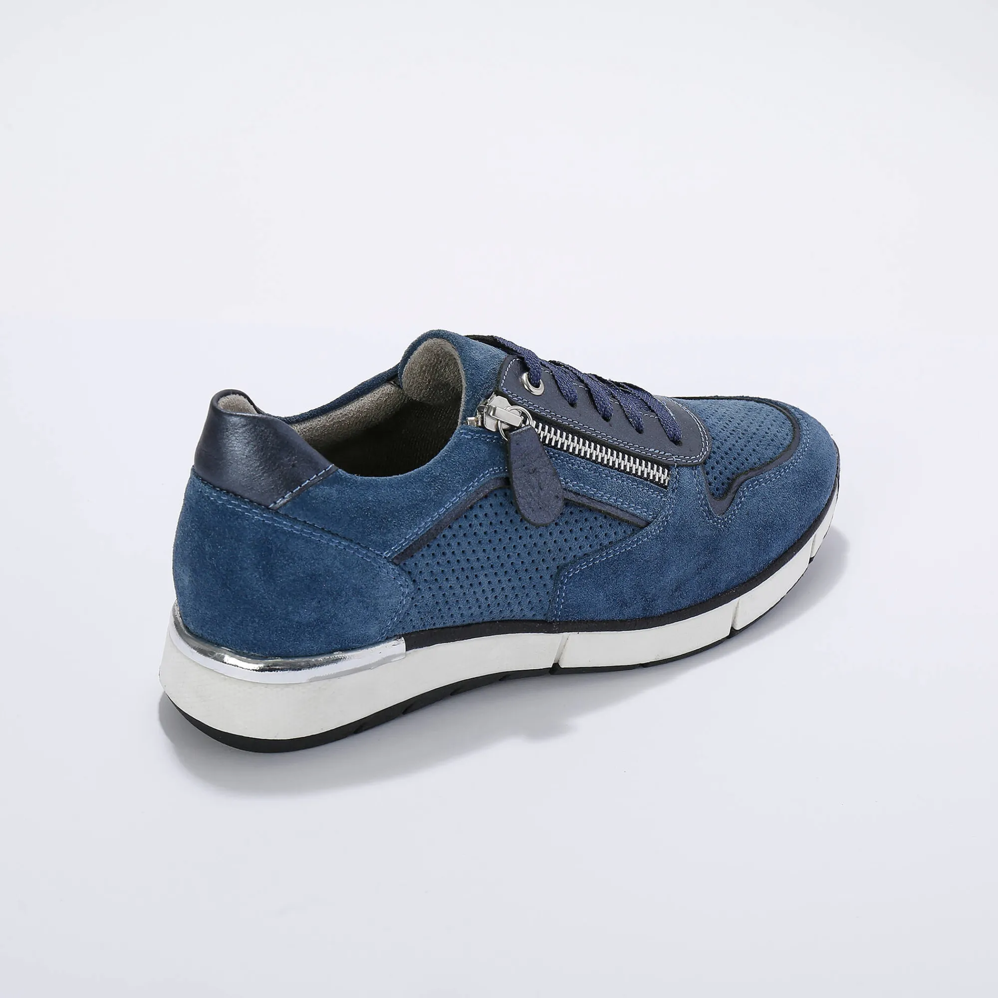 Baskets En Sneakers|Schoenen<Blancheporte Leren sneakers met rits en veters jeansblauw