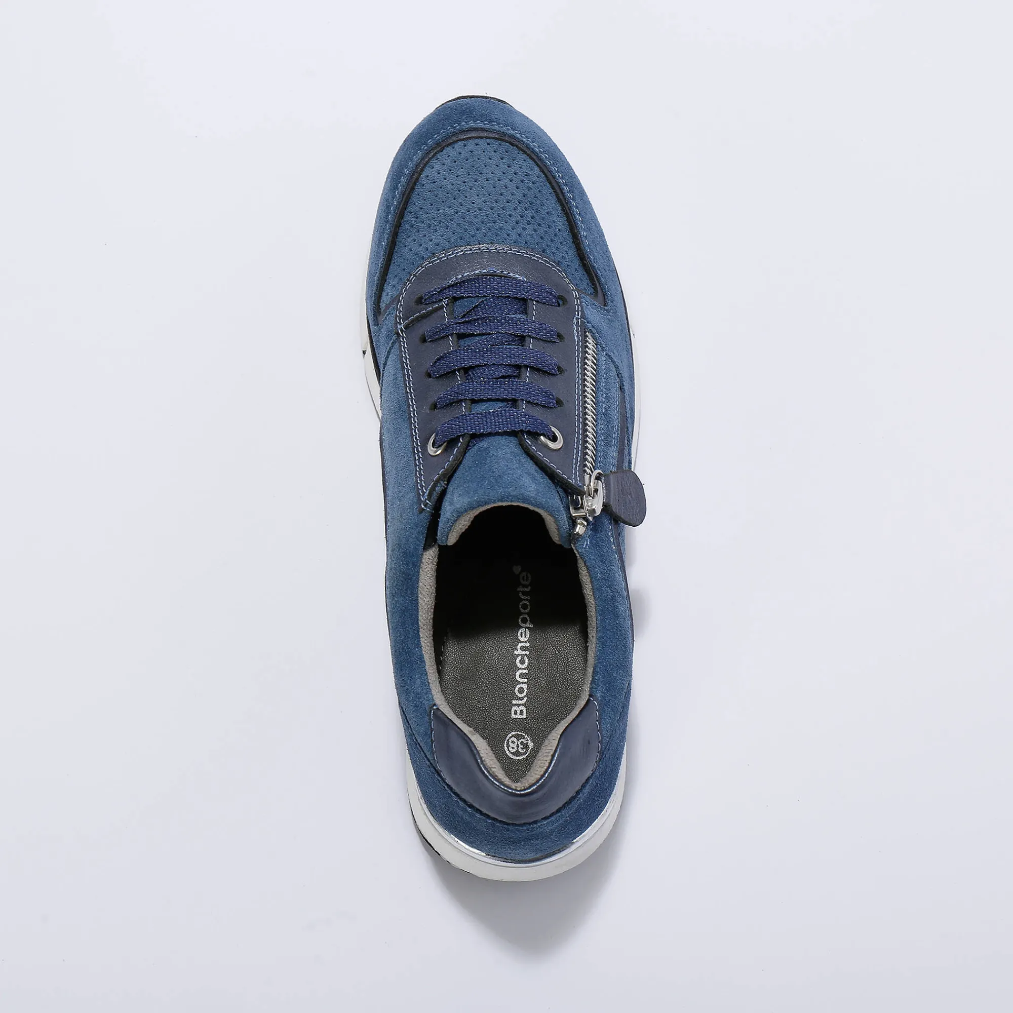Baskets En Sneakers|Schoenen<Blancheporte Leren sneakers met rits en veters jeansblauw