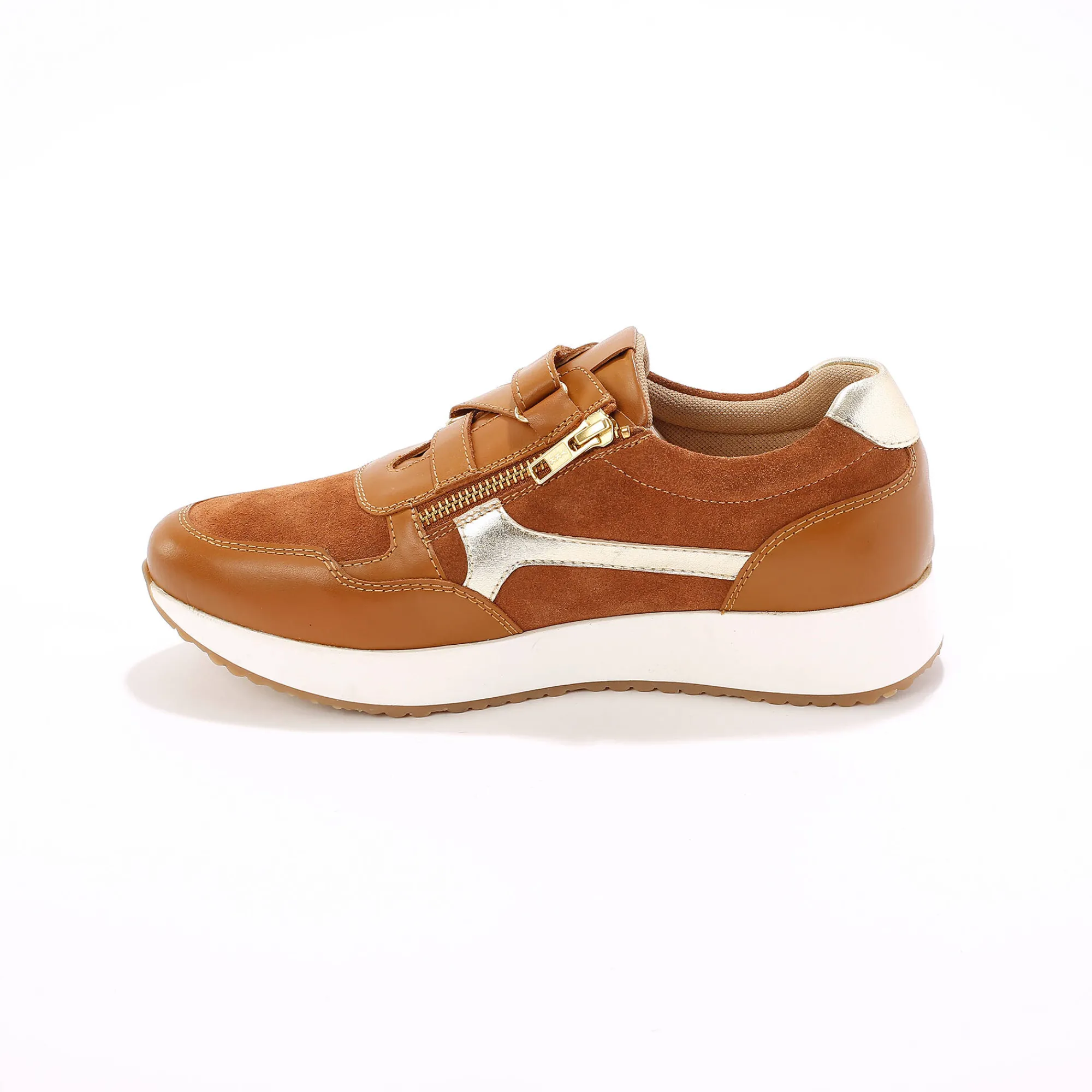 Baskets En Sneakers|Schoenen<Blancheporte Leren sneakers met sleehak, rits- en scratchsluiting karamel