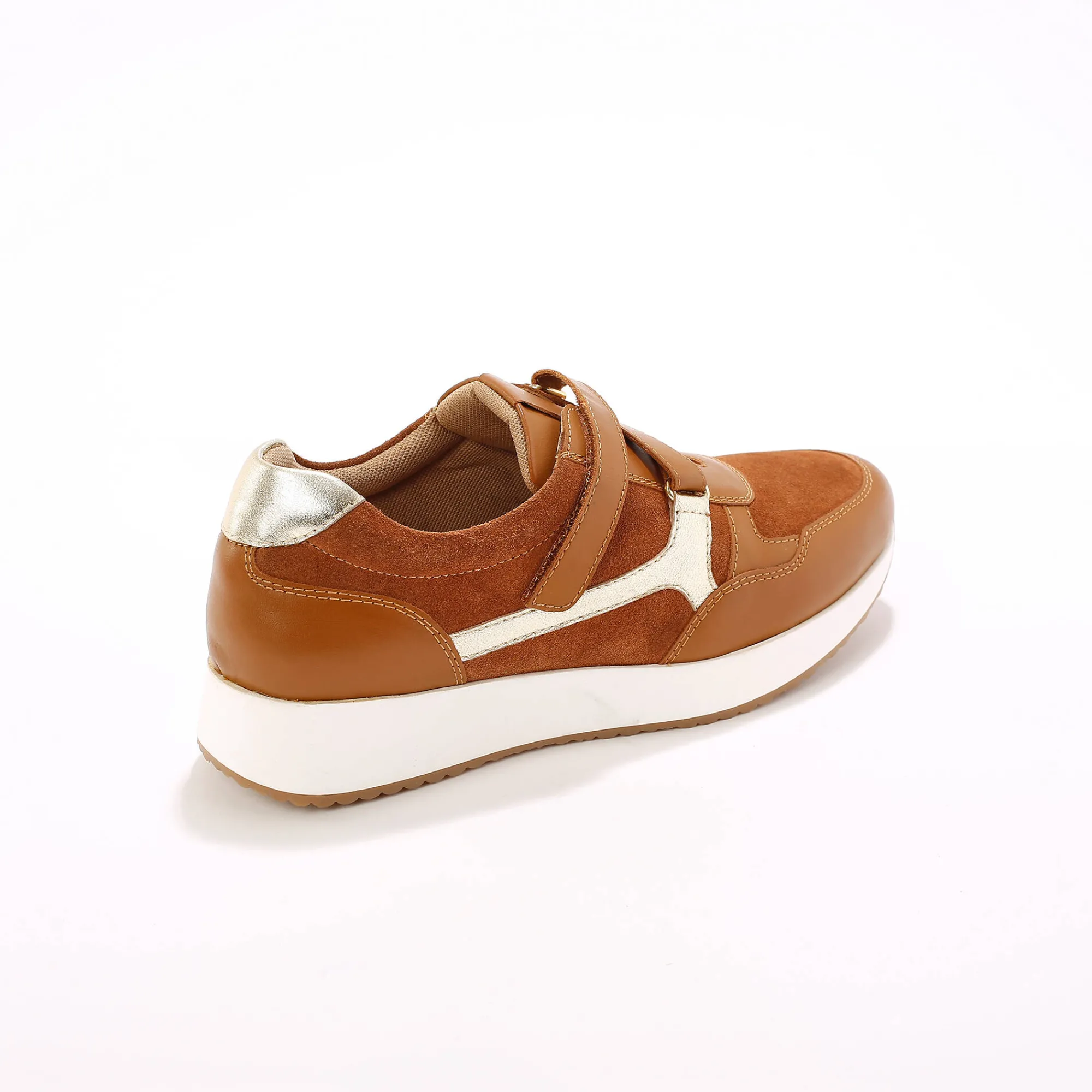 Baskets En Sneakers|Schoenen<Blancheporte Leren sneakers met sleehak, rits- en scratchsluiting karamel