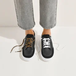 Baskets En Sneakers|Schoenen<Blancheporte Leren sneakers met veters, 2 paar veters zwart