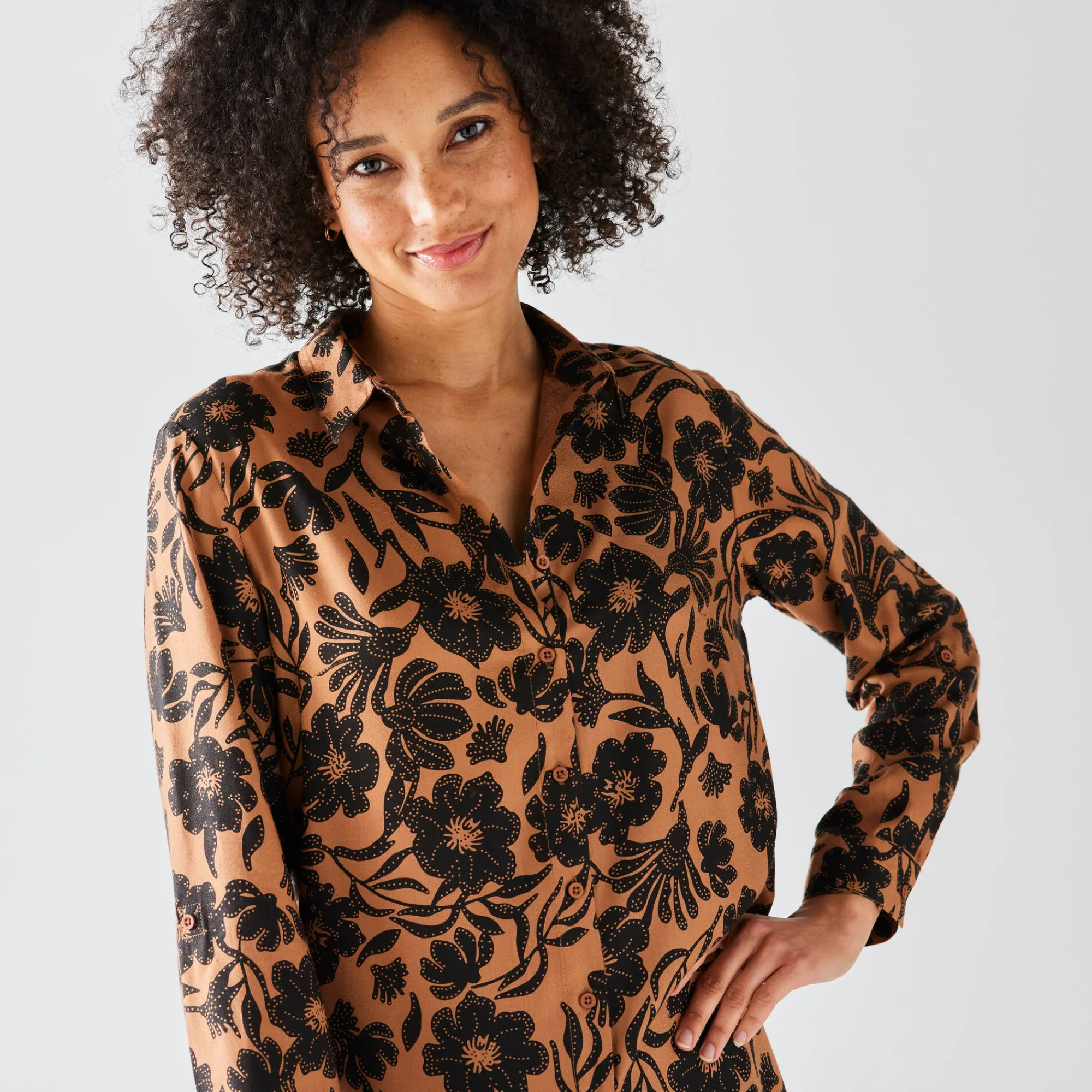 Bloes En Tuniek<Blancheporte Likethemd met tweekleurige print, crêpe karamel / zwart