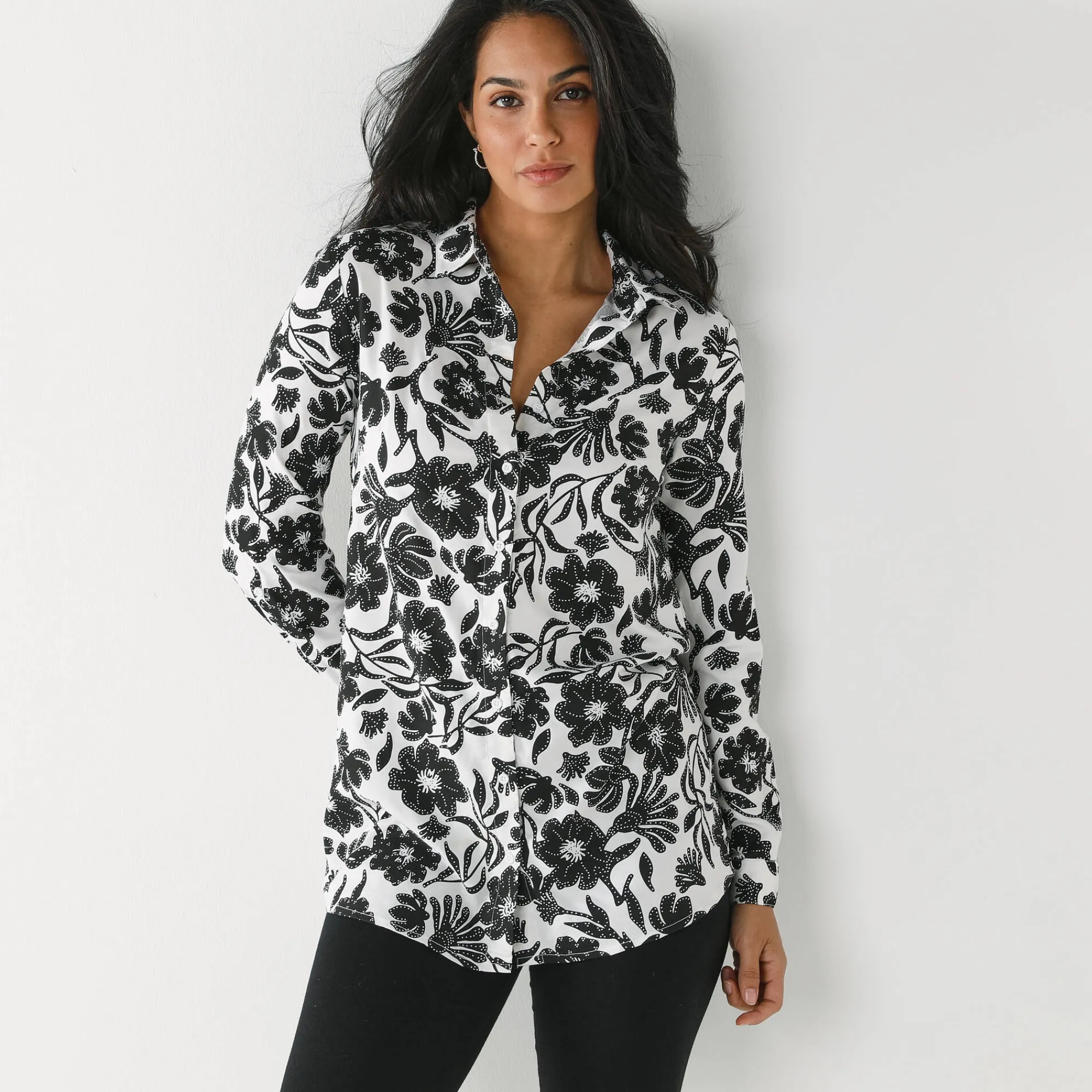 Bloes En Tuniek<Blancheporte Likethemd met tweekleurige print, crêpe ecru / zwart