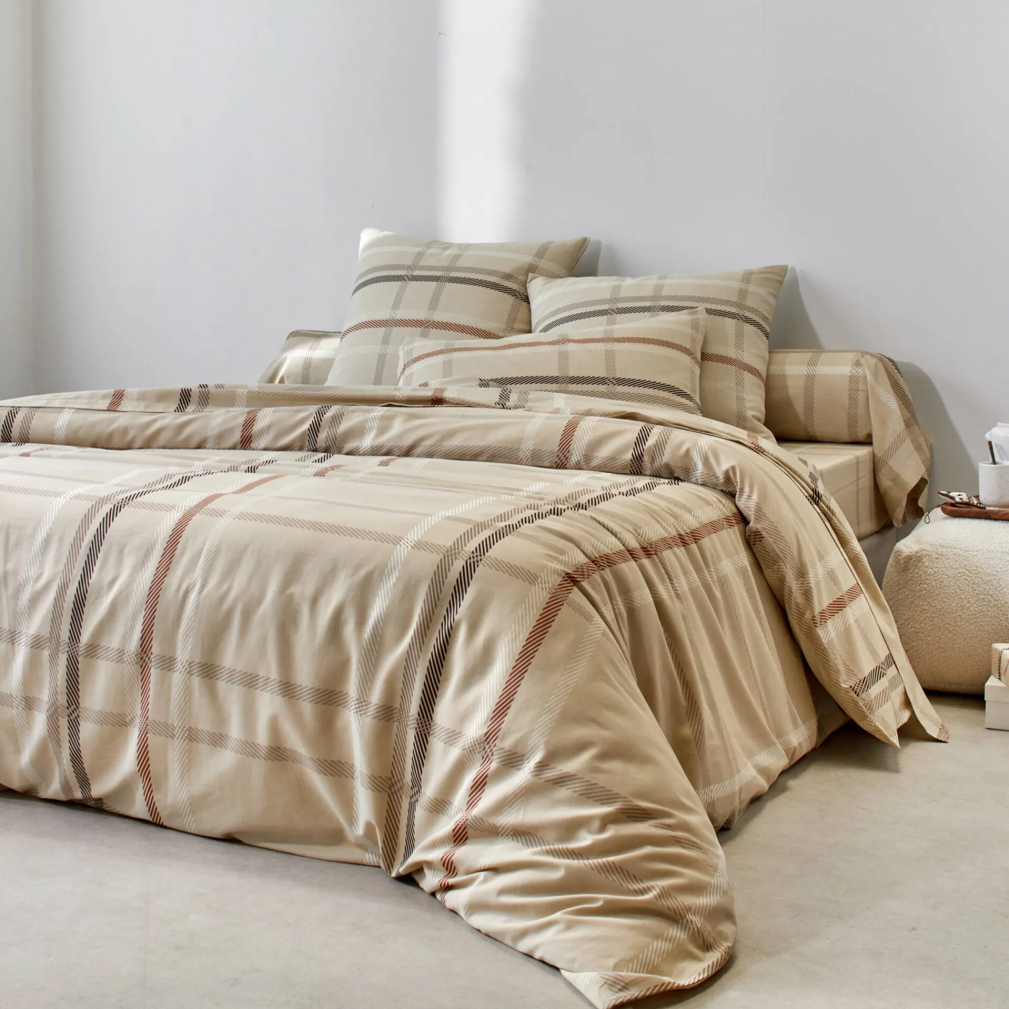 Fantasie Bedlinnen|Vlak Laken<Blancheporte Linge de lit Karl imprimé écossais, en coton beige