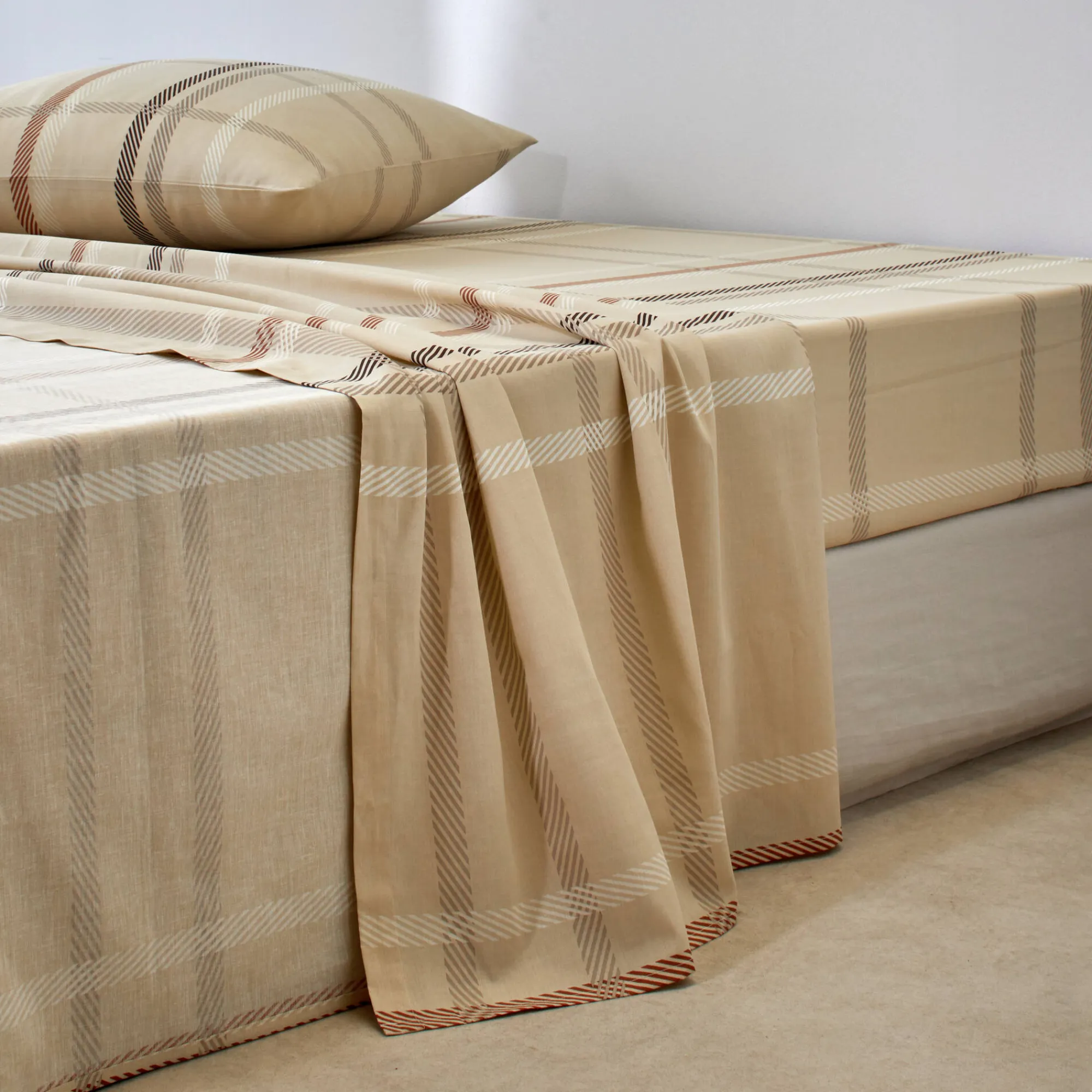 Fantasie Bedlinnen|Vlak Laken<Blancheporte Linge de lit Karl imprimé écossais, en coton beige