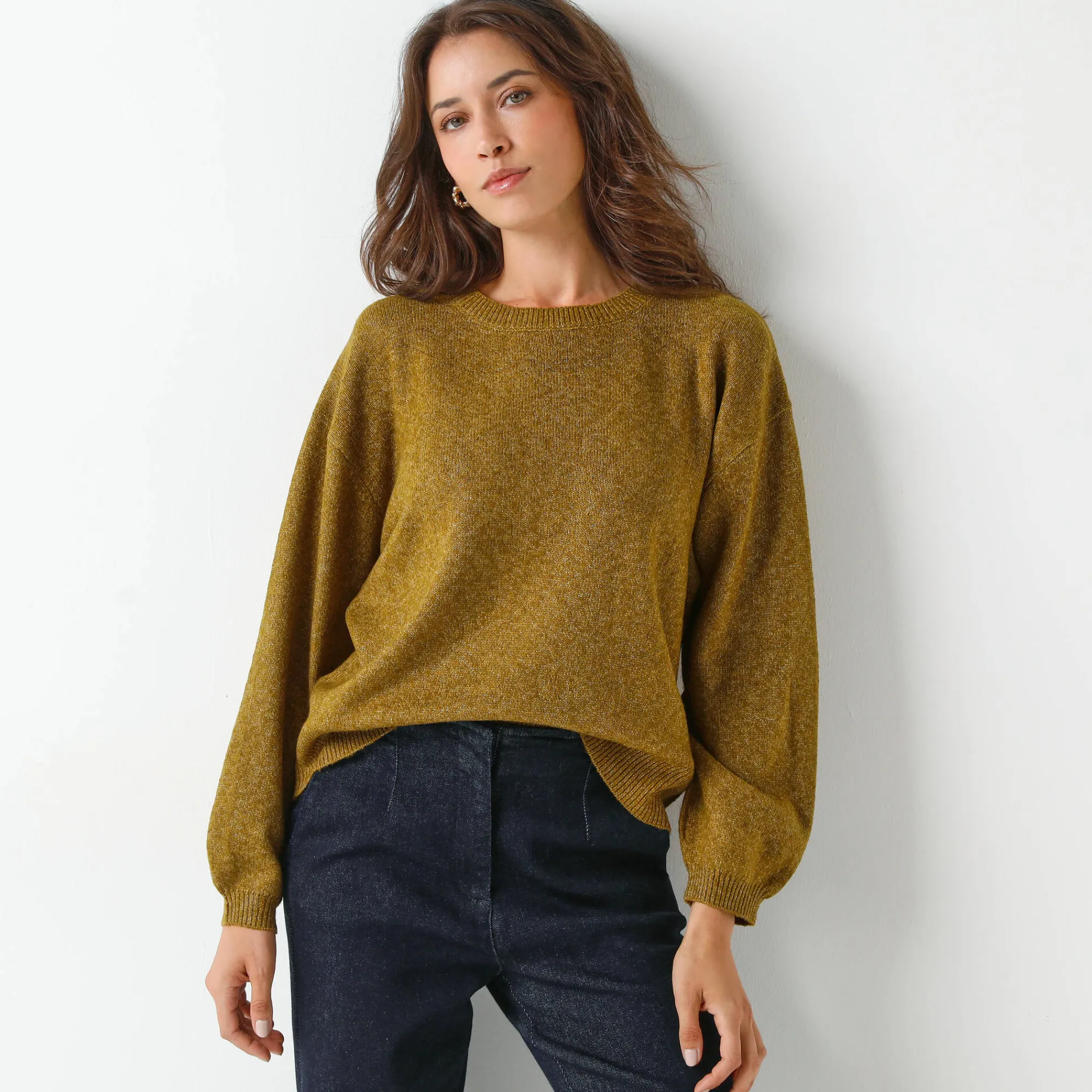 Trui En Vest<Blancheporte Loose trui met bloezende mouwen, chiné tricot in wolmengeling chiné groen