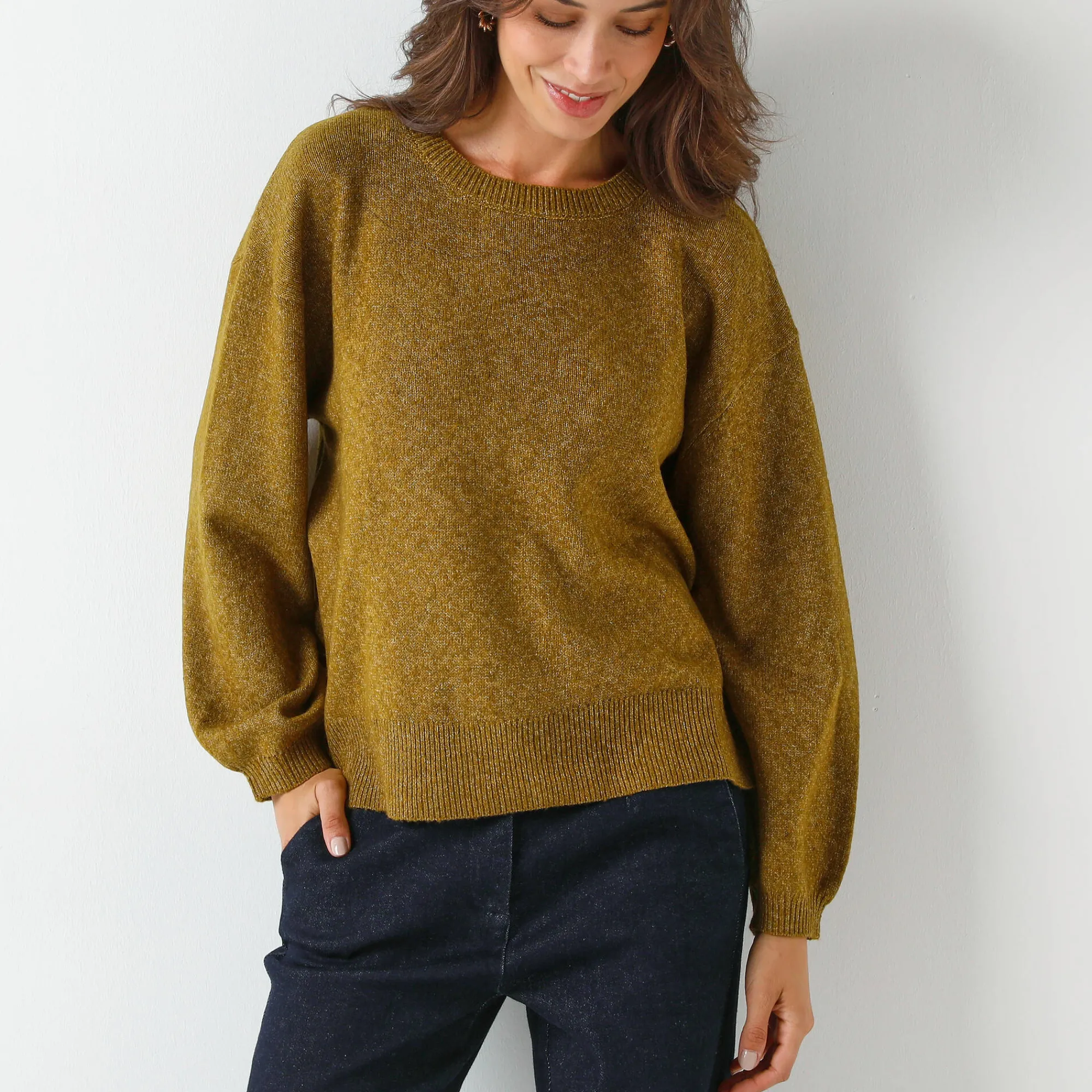 Trui En Vest<Blancheporte Loose trui met bloezende mouwen, chiné tricot in wolmengeling chiné groen