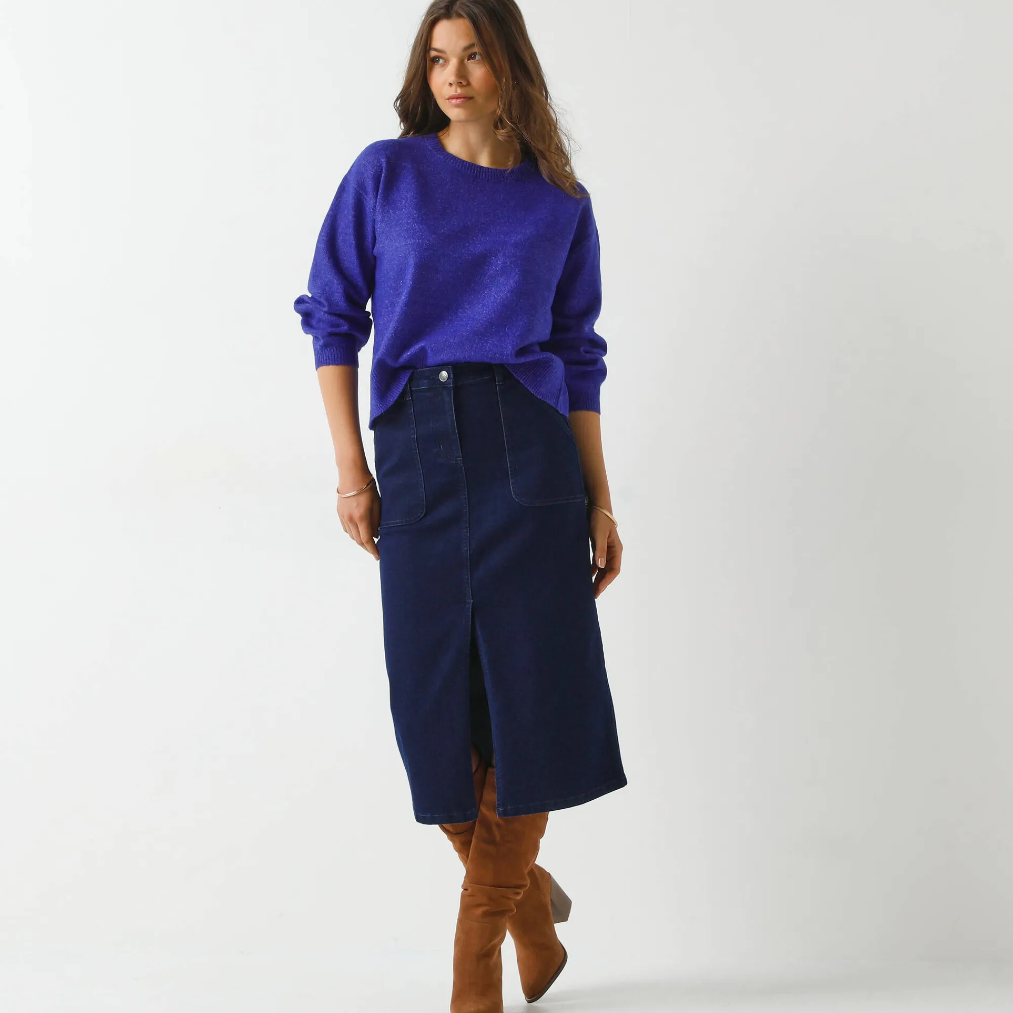 Trui En Vest<Blancheporte Loose trui met bloezende mouwen, chiné tricot in wolmengeling paars