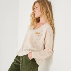 Trui En Vest<Blancheporte Loose trui met V-hals en geborduurde hartjes, patenttricot ecru