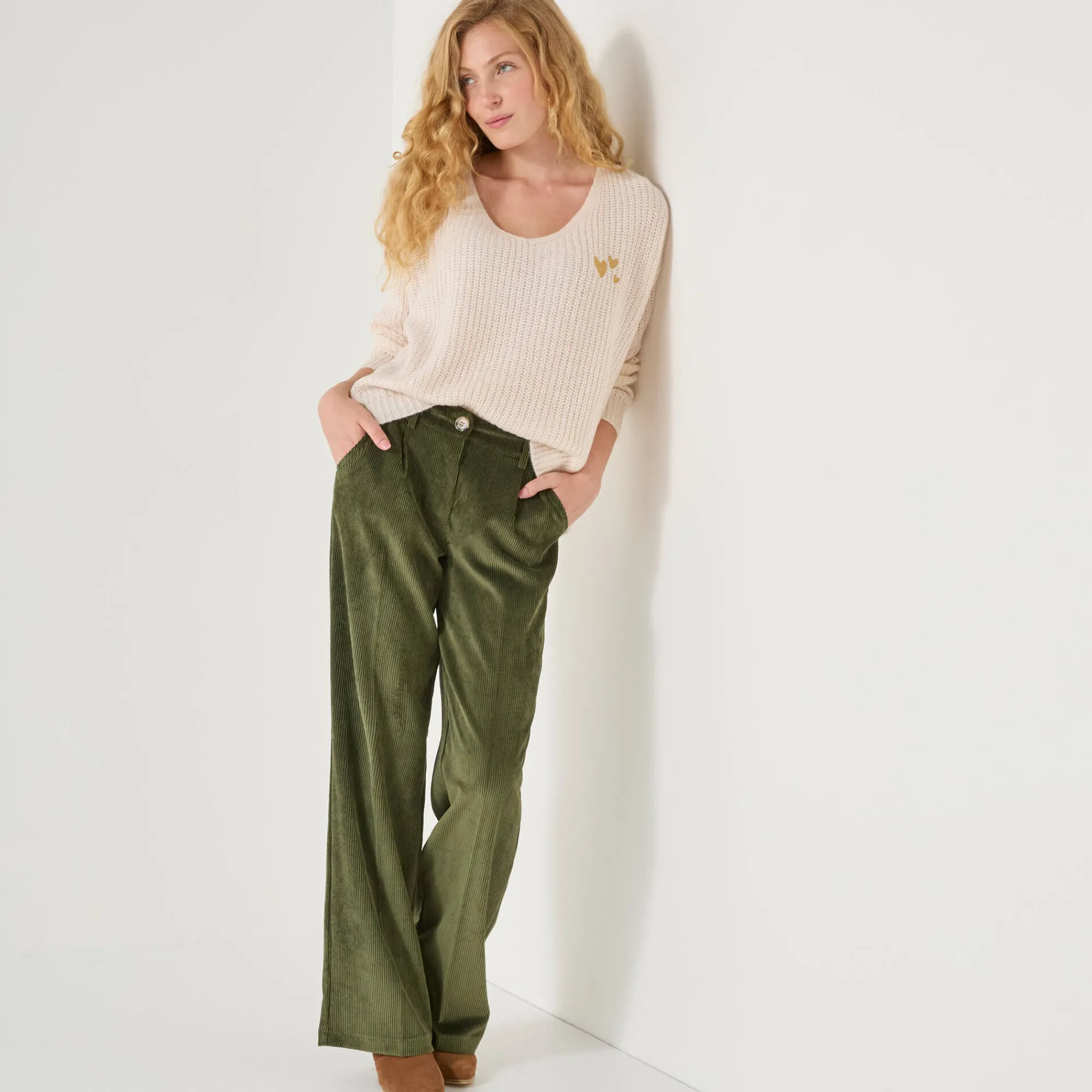 Trui En Vest<Blancheporte Loose trui met V-hals en geborduurde hartjes, patenttricot ecru