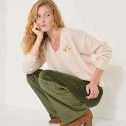 Trui En Vest<Blancheporte Loose trui met V-hals en geborduurde hartjes, patenttricot ecru