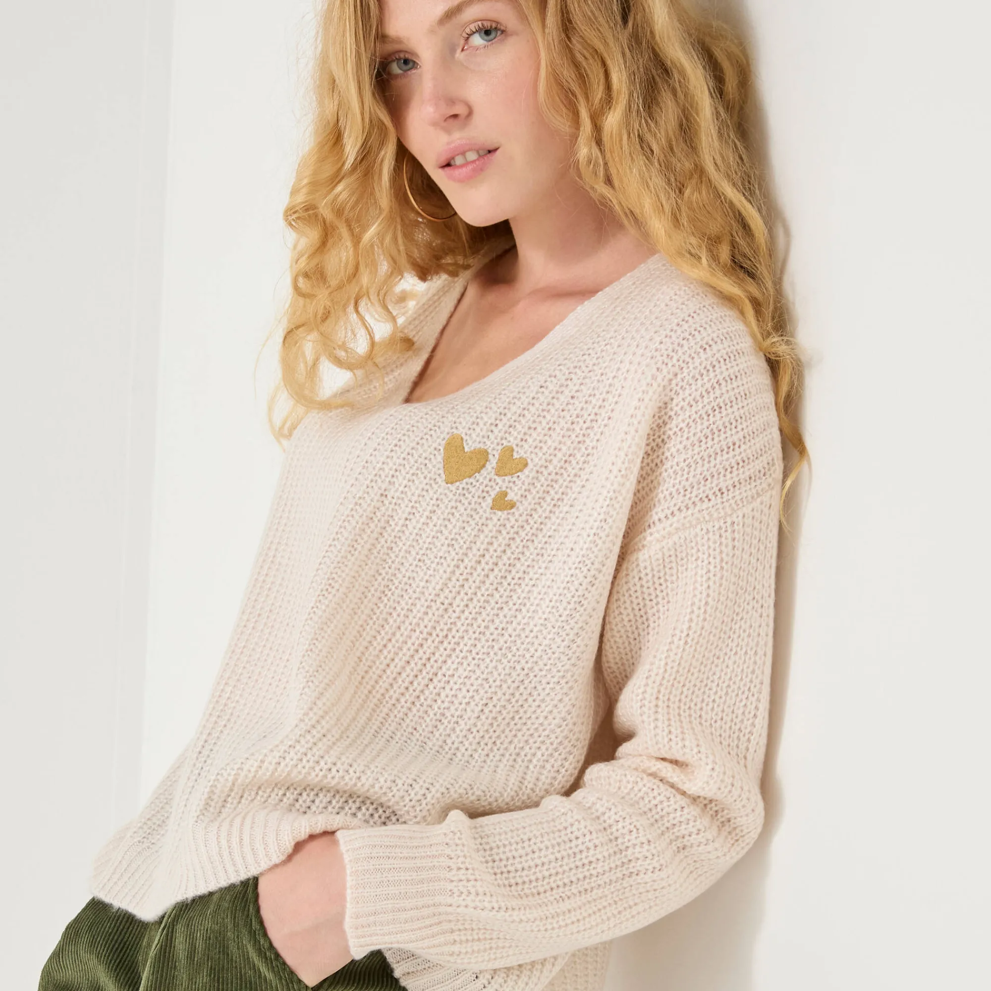 Trui En Vest<Blancheporte Loose trui met V-hals en geborduurde hartjes, patenttricot ecru