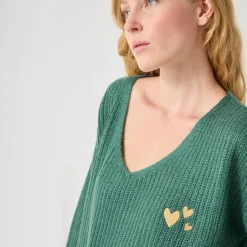 Trui En Vest<Blancheporte Loose trui met V-hals en geborduurde hartjes, patenttricot groen