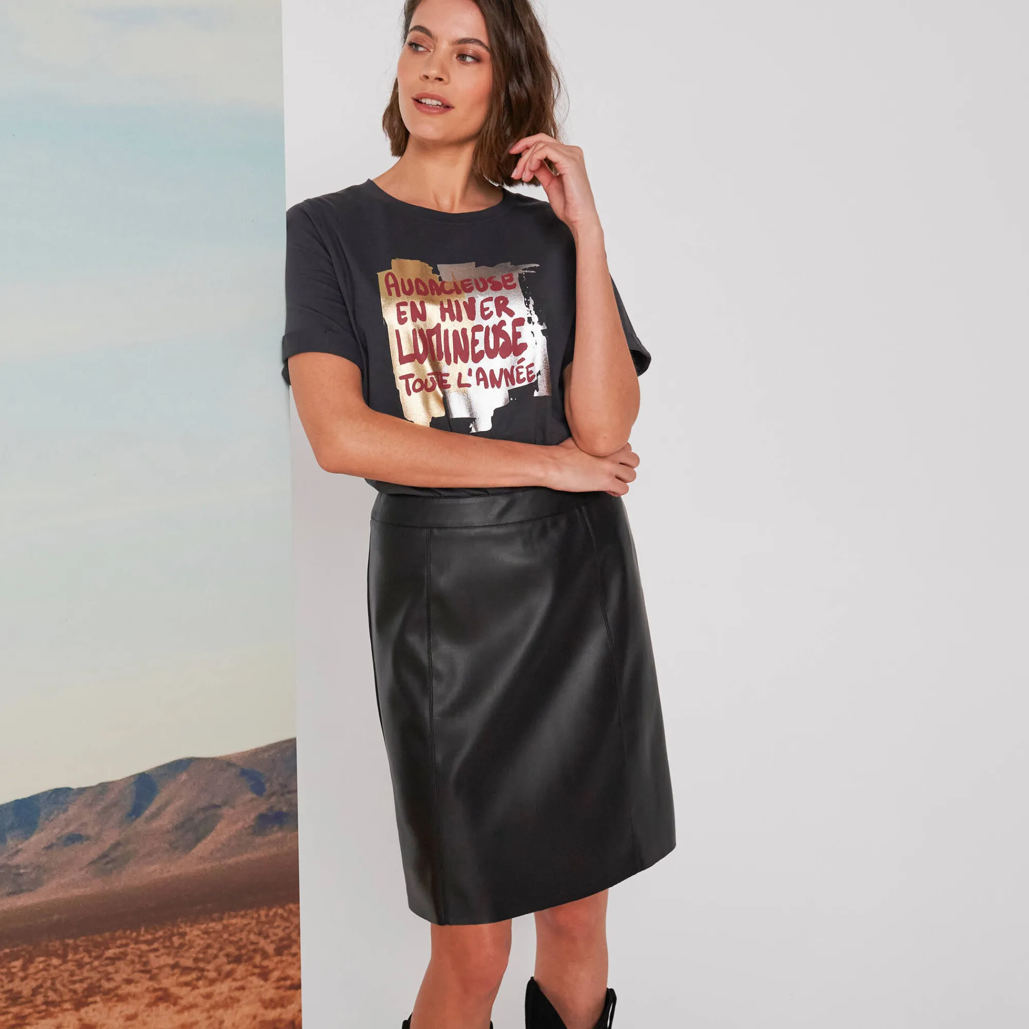 T-Shirt En Topje<Blancheporte Loose T-shirt met letterprint antraciet