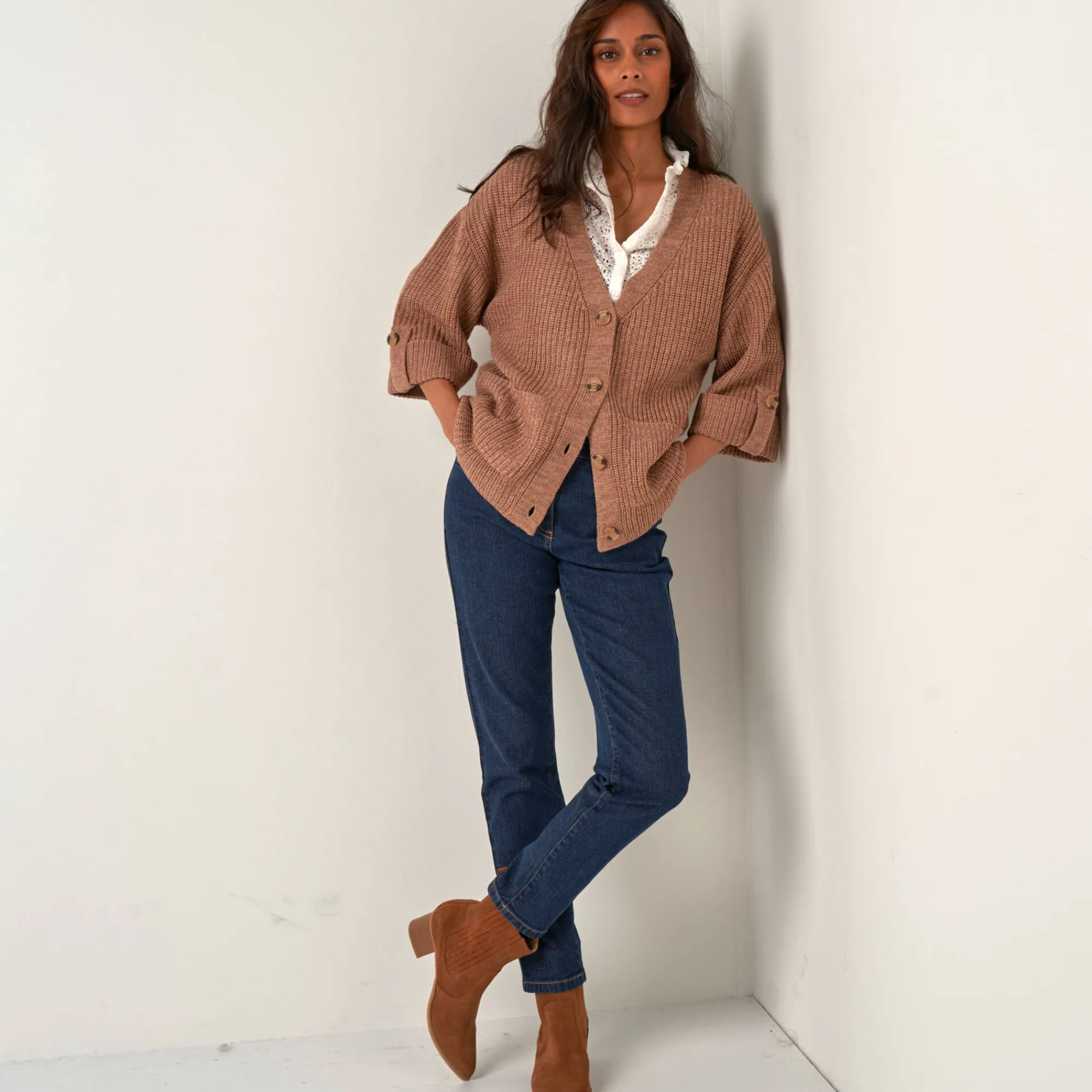 Trui En Vest<Blancheporte Loose vest met knopen, 7/8-mouwen chiné taupe
