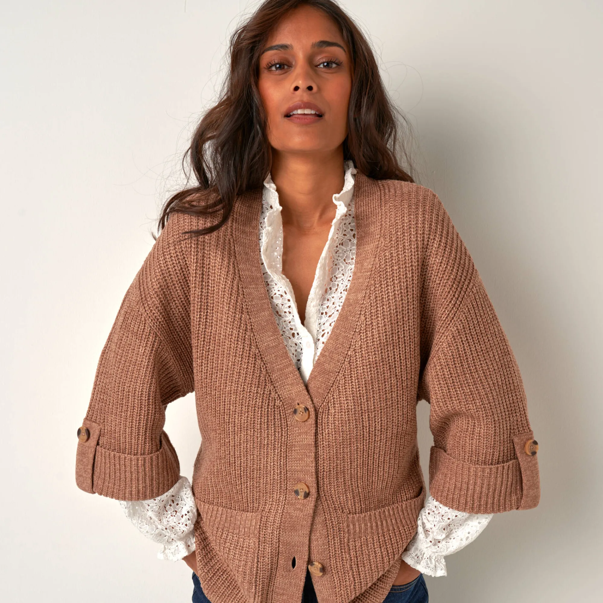 Trui En Vest<Blancheporte Loose vest met knopen, 7/8-mouwen chiné taupe