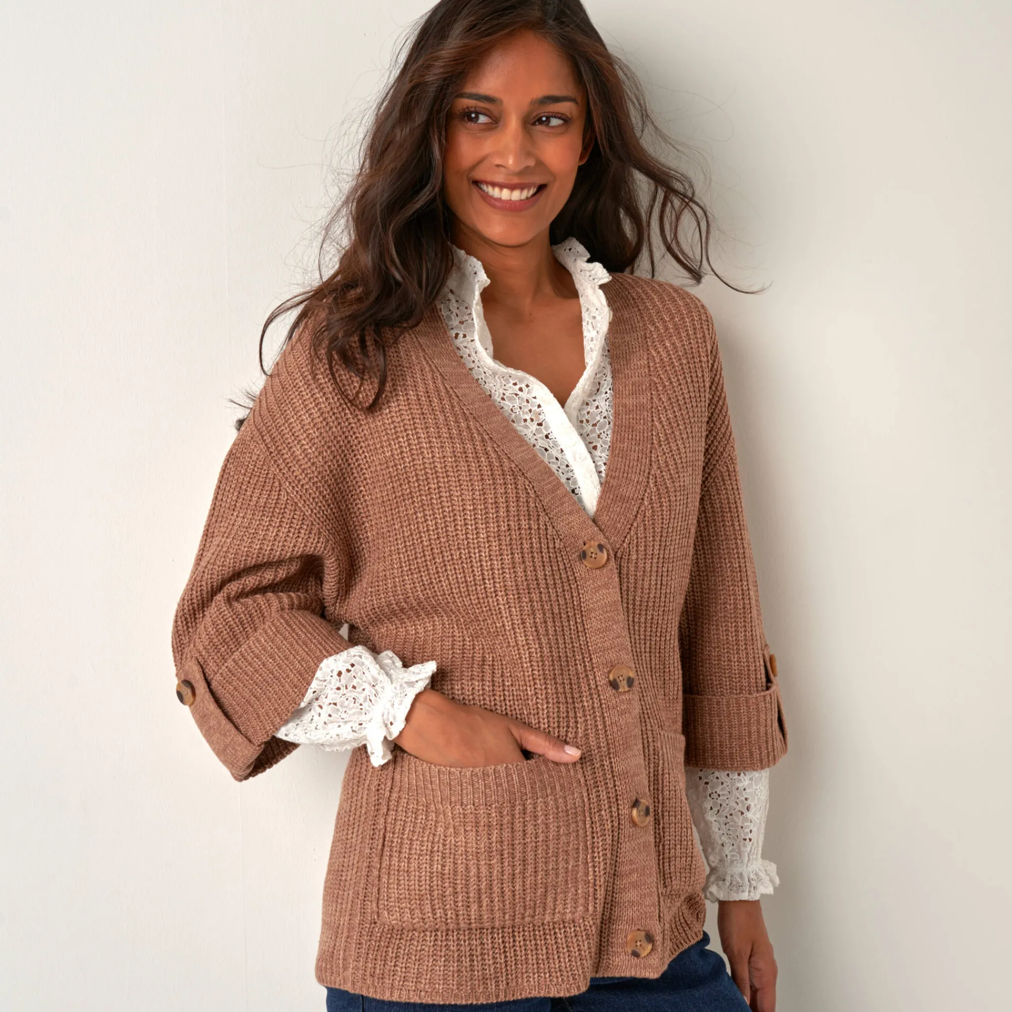Trui En Vest<Blancheporte Loose vest met knopen, 7/8-mouwen chiné taupe