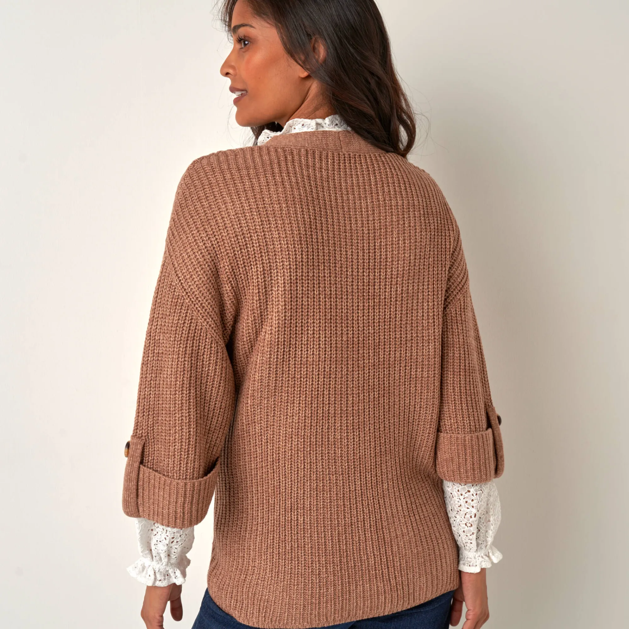 Trui En Vest<Blancheporte Loose vest met knopen, 7/8-mouwen chiné taupe