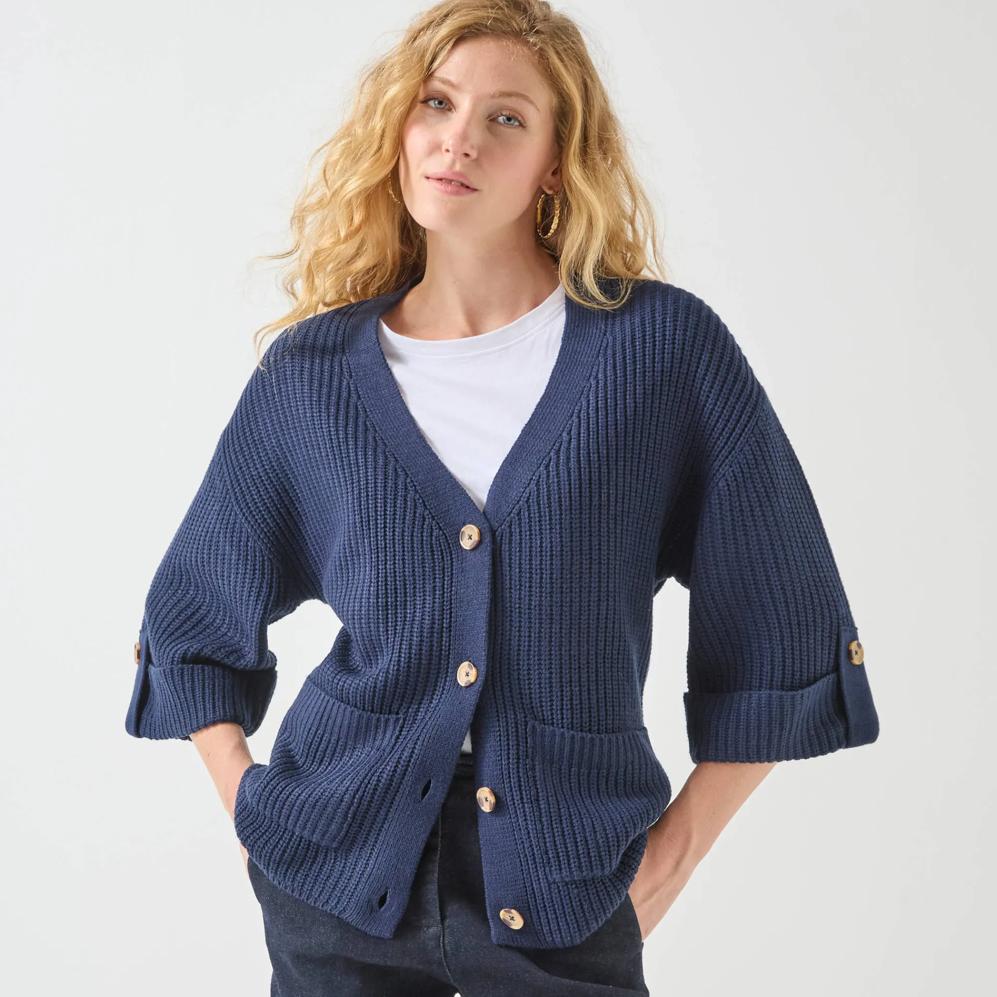 Trui En Vest<Blancheporte Loose vest met knopen, 7/8-mouwen marine