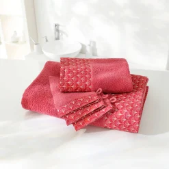 Badhanddoek<Colombine Lusjesbadstof 420g/m2, sierrand met ginkgo print framboos