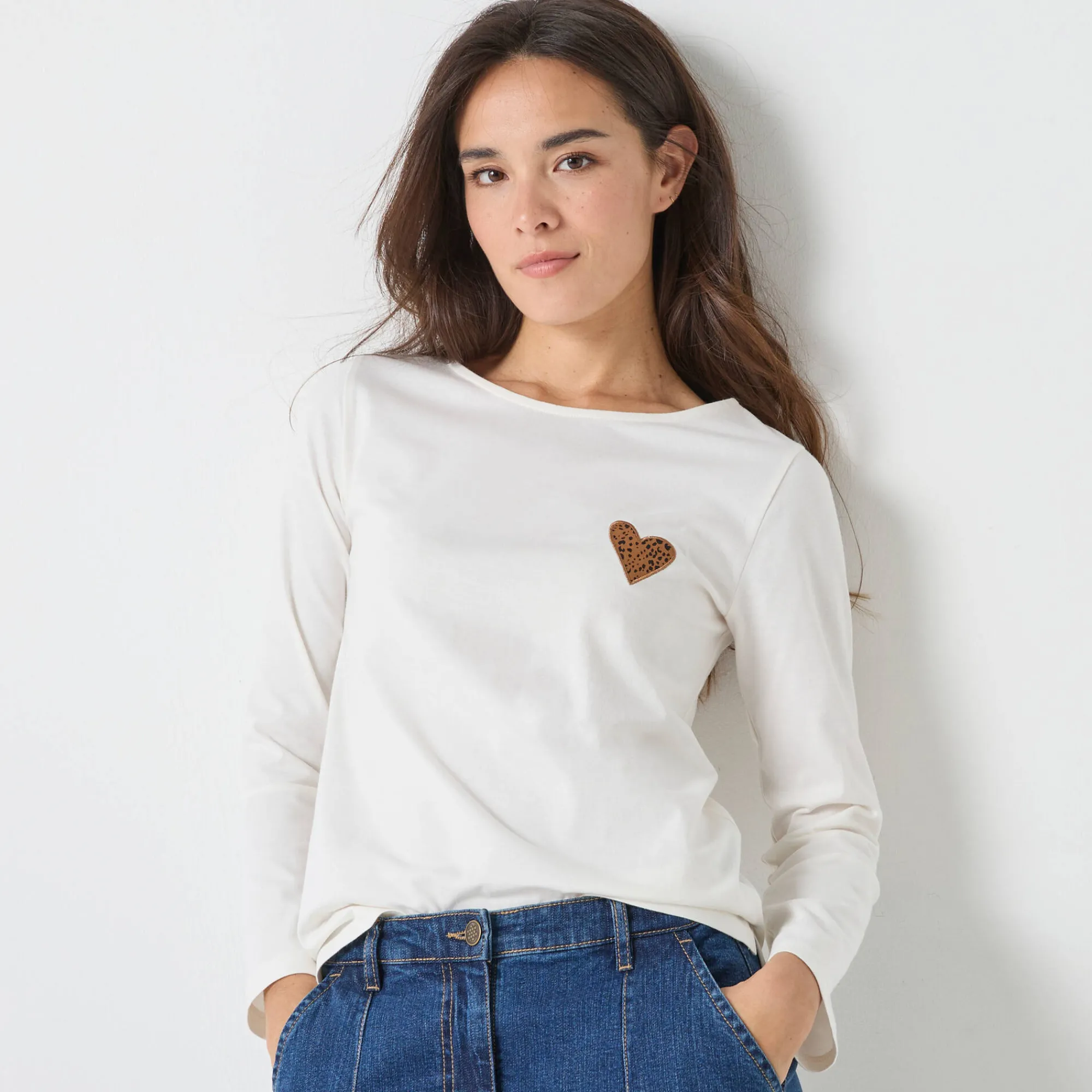 T-Shirt En Topje<Blancheporte Marineshirt met lange mouwen, geborduurd hartje in effen of luipaard ecru / chocolade