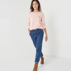 T-Shirt En Topje<Blancheporte Marineshirt met lange mouwen, geborduurd hartje in effen of luipaard zachtroze