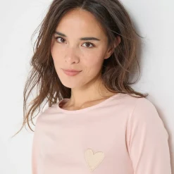 T-Shirt En Topje<Blancheporte Marineshirt met lange mouwen, geborduurd hartje in effen of luipaard zachtroze