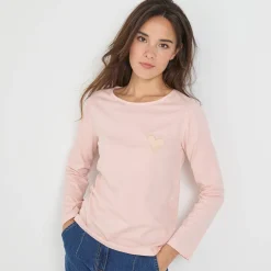 T-Shirt En Topje<Blancheporte Marineshirt met lange mouwen, geborduurd hartje in effen of luipaard zachtroze