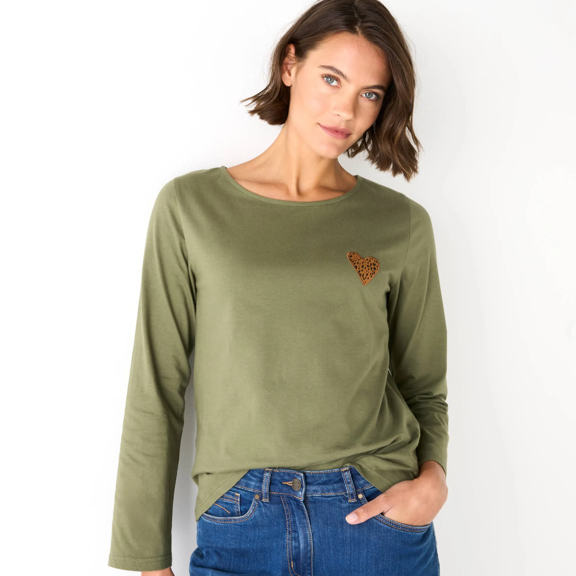 T-Shirt En Topje<Blancheporte Marineshirt met lange mouwen, geborduurd hartje in effen of luipaard kaki / chocolade