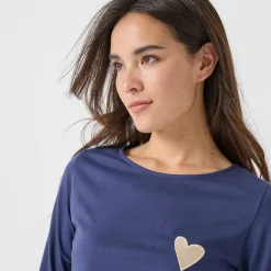 T-Shirt En Topje<Blancheporte shirt met lange mouwen, geborduurd hartje in effen of luipaard marine