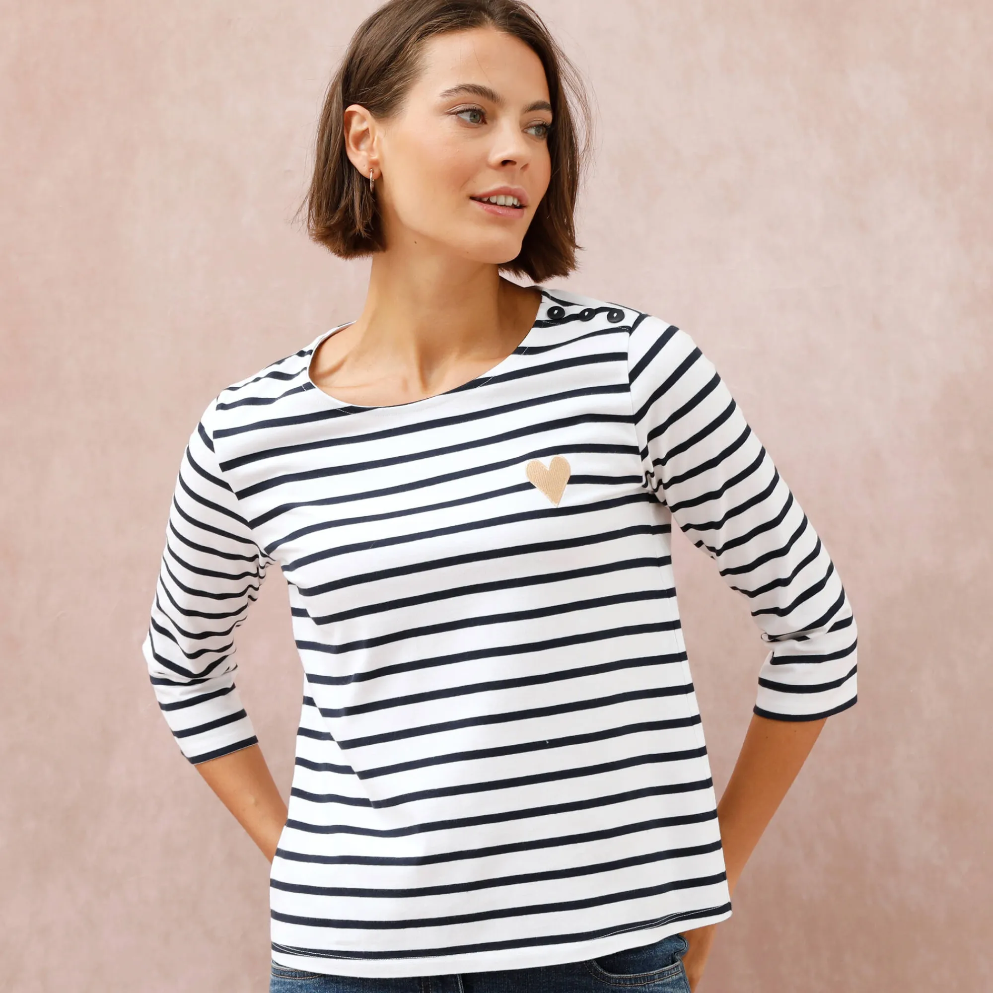 T-Shirt En Topje<Blancheporte Marine-T-shirt met goudkleurig hartborduursel wit / marine