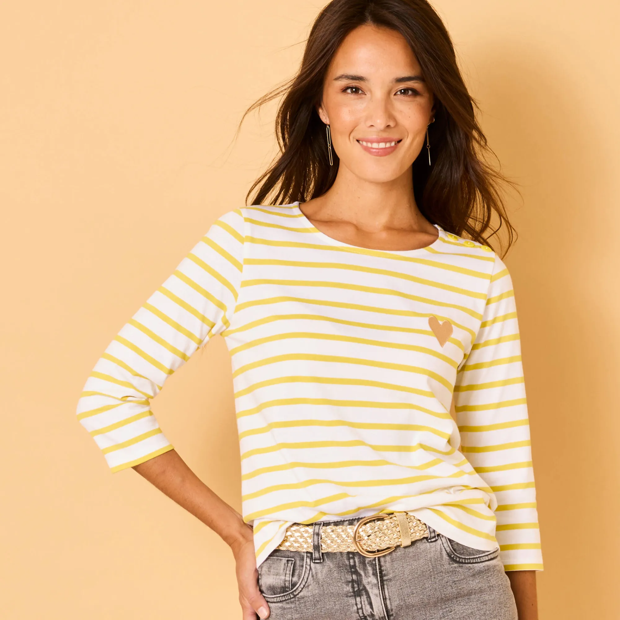 T-Shirt En Topje<Blancheporte Marine-T-shirt met goudkleurig hartborduursel wit / anijs