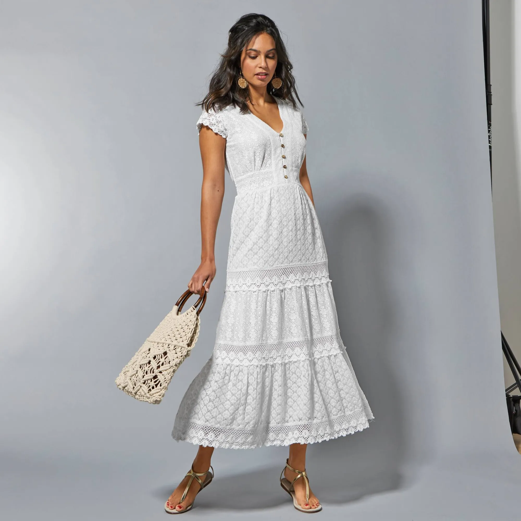 Jurk<Blancheporte Maxi-jurk van macramékant gebroken wit