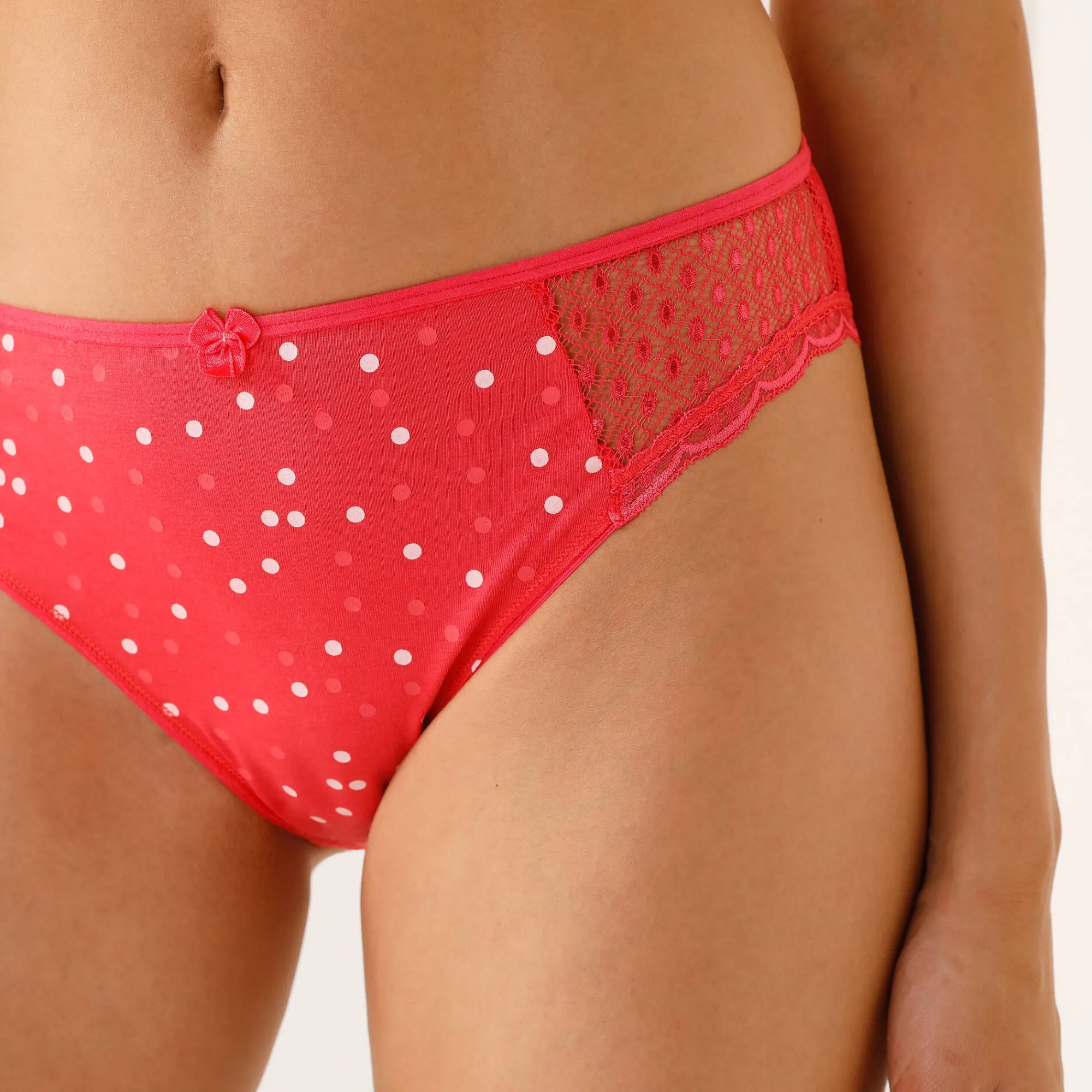 Slip En Shorty<Confidence Lingerie Midislip in kant en katoen, effen en met stippenprint, Tropea - set van 4 roze