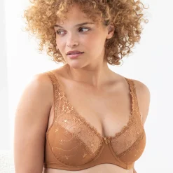Beha<Confidence Lingerie Minimizerbeha in geborduurde microvezel en tule Antioco - met flexibele beugels hazelnoot