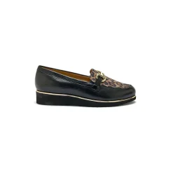 Derby's En Mocassins|Schoenen<PédiConfort Mocassins met sleehak en fantasiejuweel in leer en luipaard zwart / beige