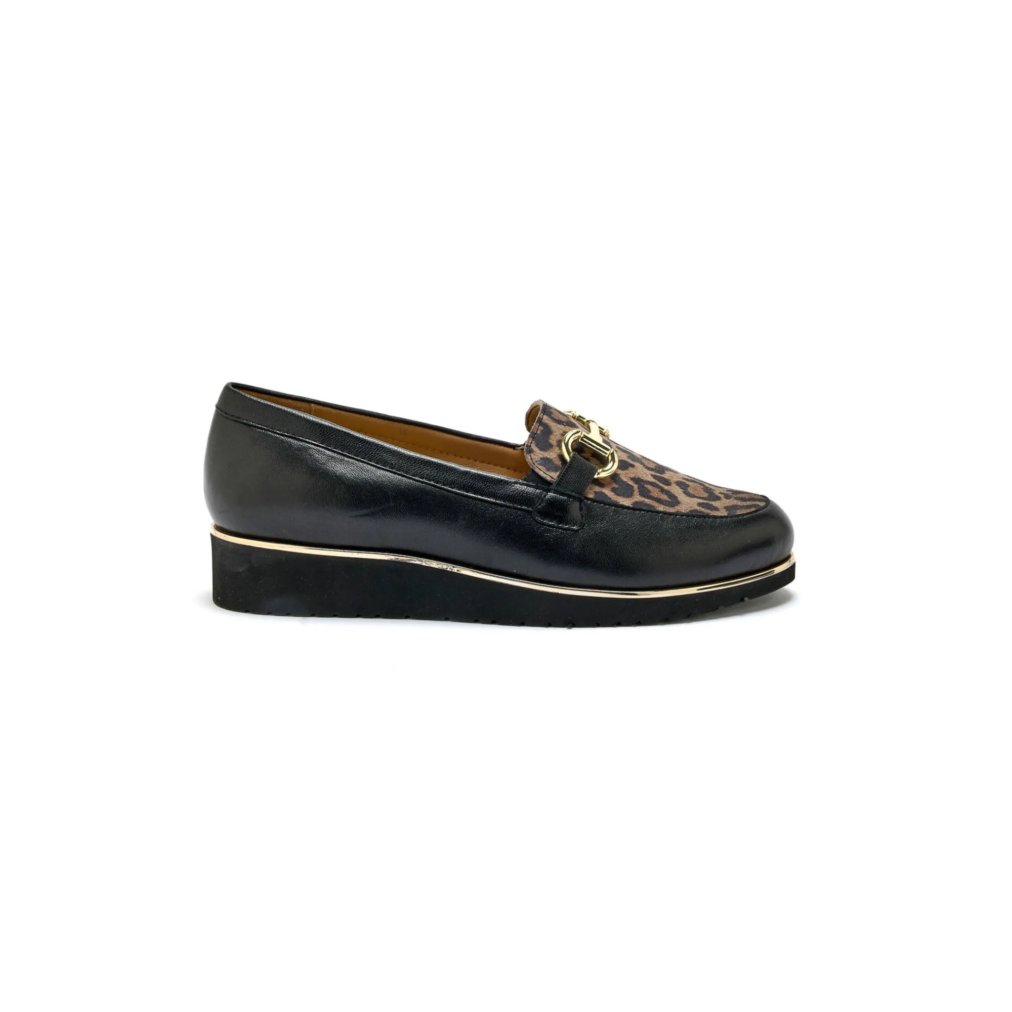 Derby's En Mocassins|Schoenen<PédiConfort Mocassins met sleehak en fantasiejuweel in leer en luipaard zwart / beige