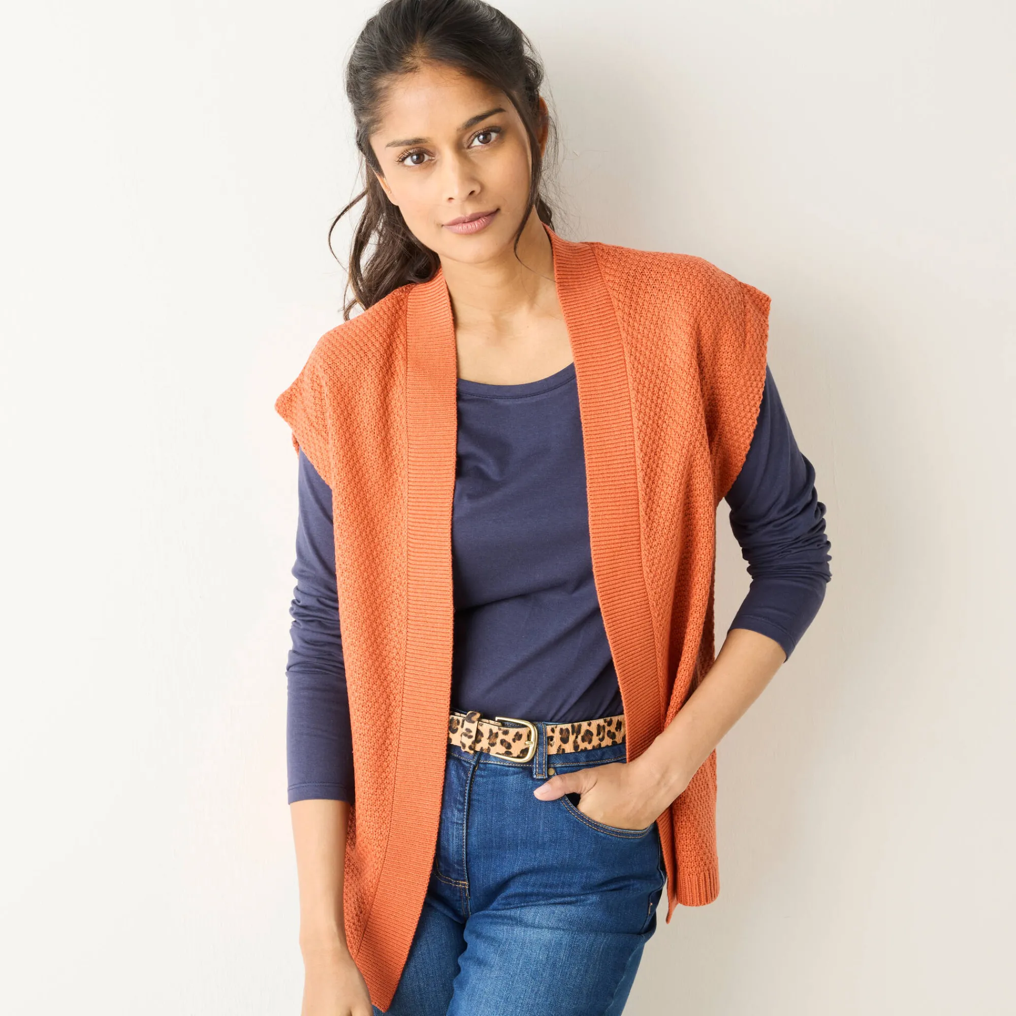 Trui En Vest<Blancheporte Mouwloos vest, fantasietricot donkeroranje