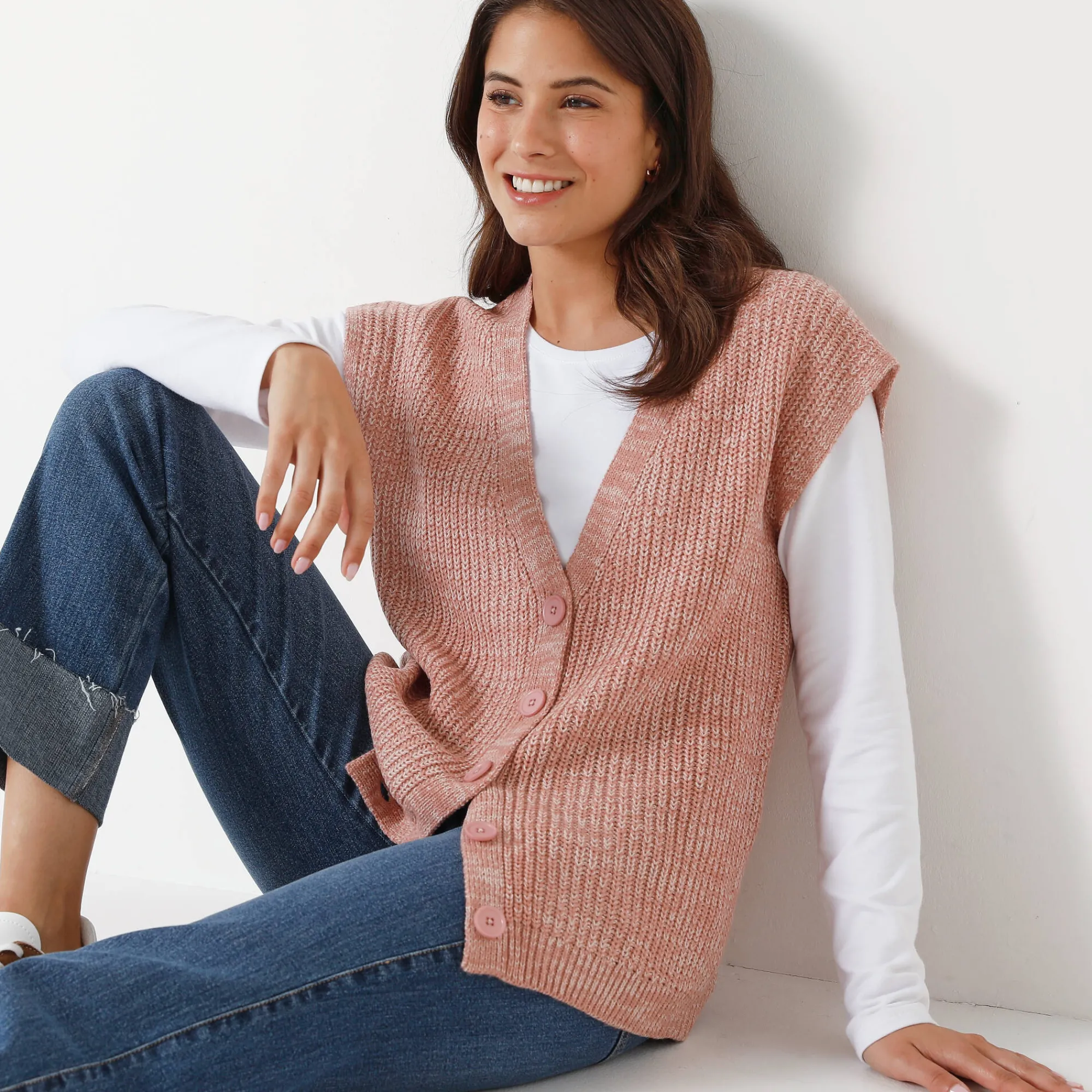 Trui En Vest<Blancheporte Mouwloos vest met knopen chiné rozenhout