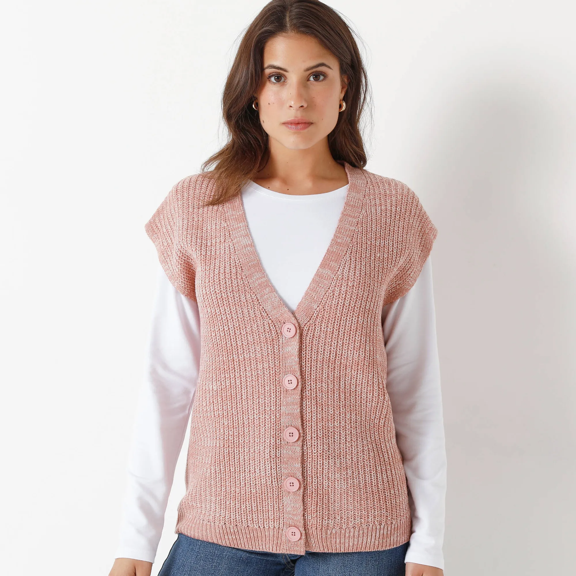 Trui En Vest<Blancheporte Mouwloos vest met knopen chiné rozenhout
