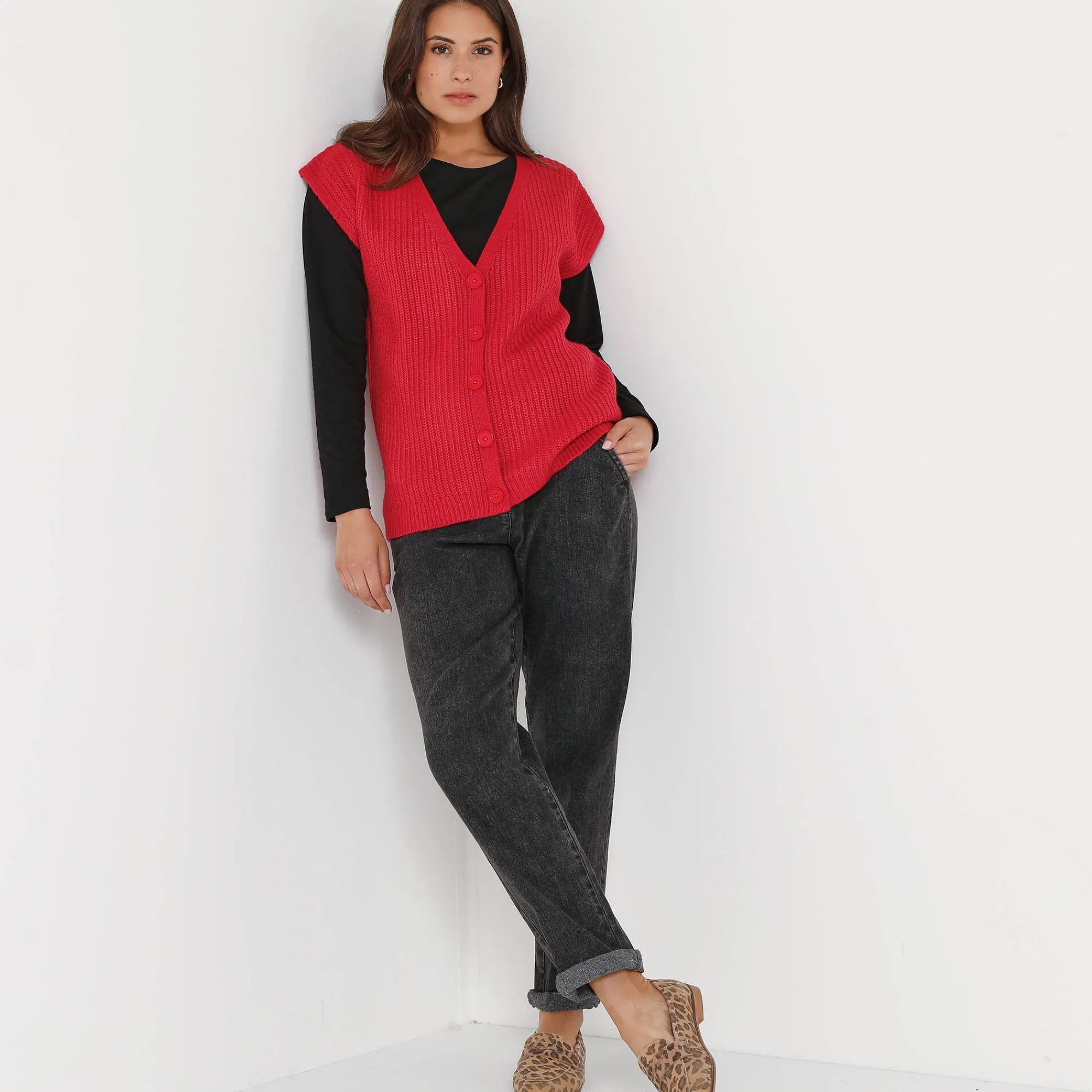 Trui En Vest<Blancheporte Mouwloos vest met knopen framboos