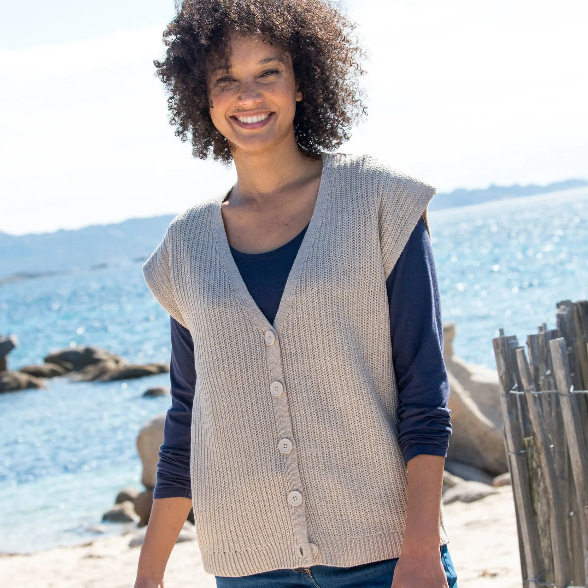 Trui En Vest<Blancheporte Mouwloos vest met knopen chiné beige