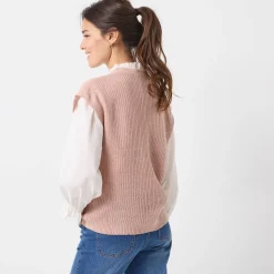 Trui En Vest<Blancheporte Mouwloos vest met knopen, patenttricot poederroze