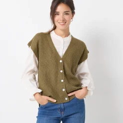 Trui En Vest<Blancheporte Mouwloos vest met knopen, patenttricot bronskleur