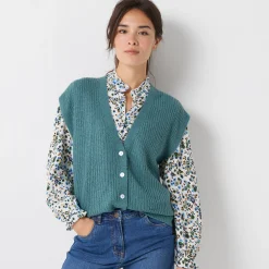 Trui En Vest<Blancheporte Mouwloos vest met knopen, patenttricot saliegroen