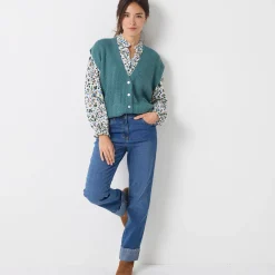 Trui En Vest<Blancheporte Mouwloos vest met knopen, patenttricot saliegroen